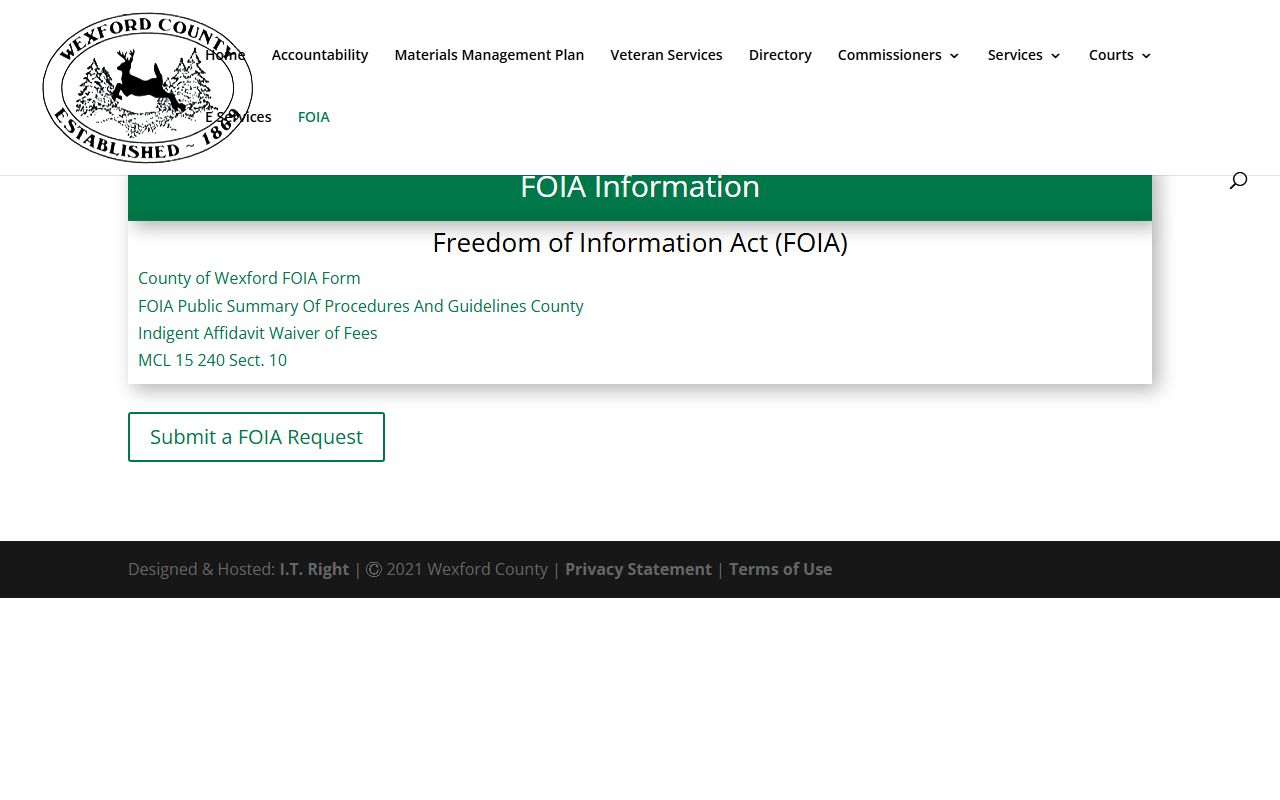 Wexford County FOIA page for inmate records and booking records